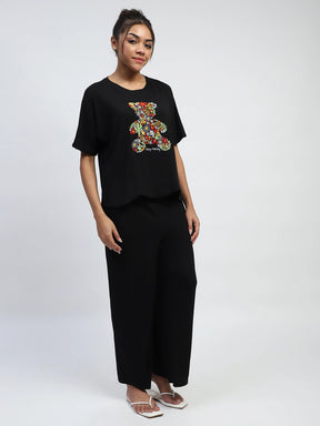 Black Thread Embroidery, Solid Poly Rayon Boxy Fit Night Suit