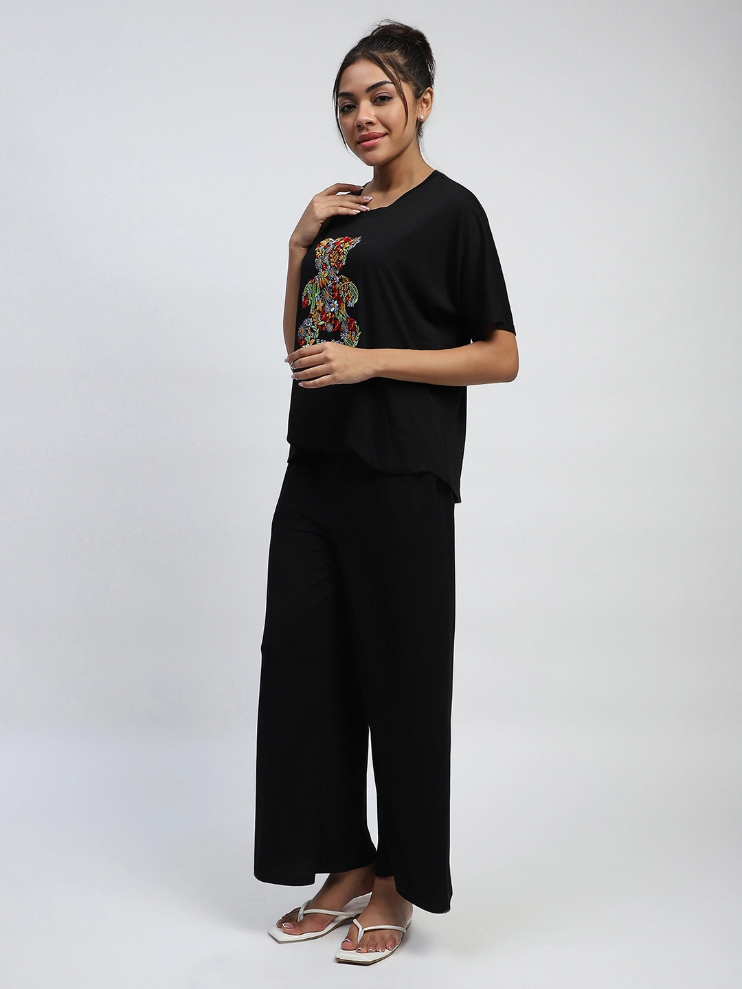 Black Thread Embroidery, Solid Poly Rayon Boxy Fit Night Suit