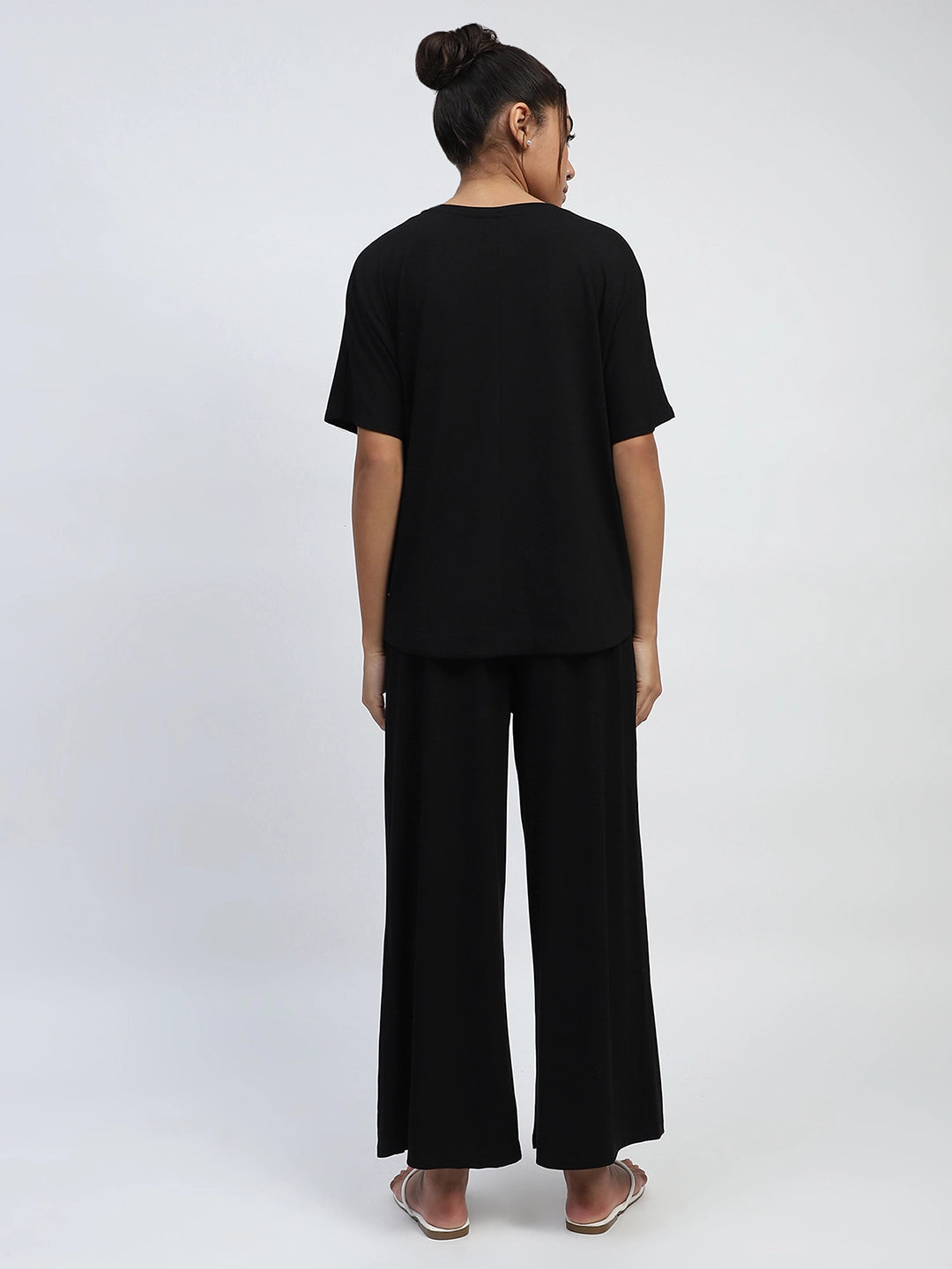 Black Thread Embroidery, Solid Poly Rayon Boxy Fit Night Suit