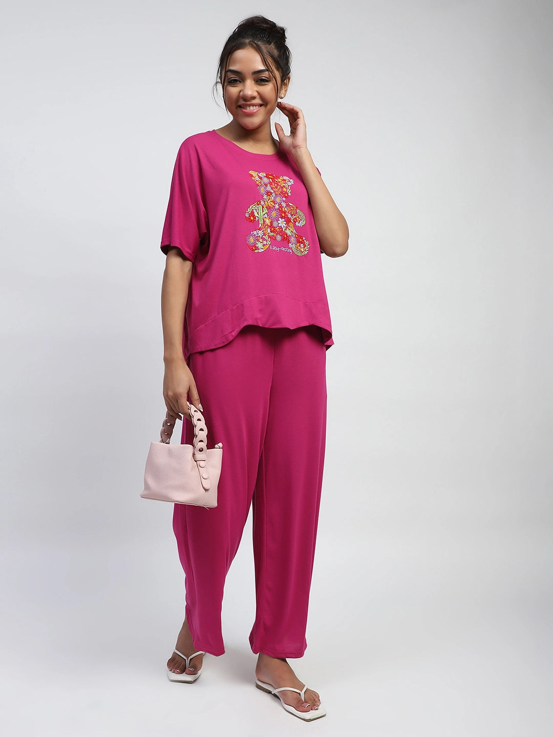 Hot Pink Thread Embroidery And Solid Poly Rayon Boxy Fit Lounge Wear