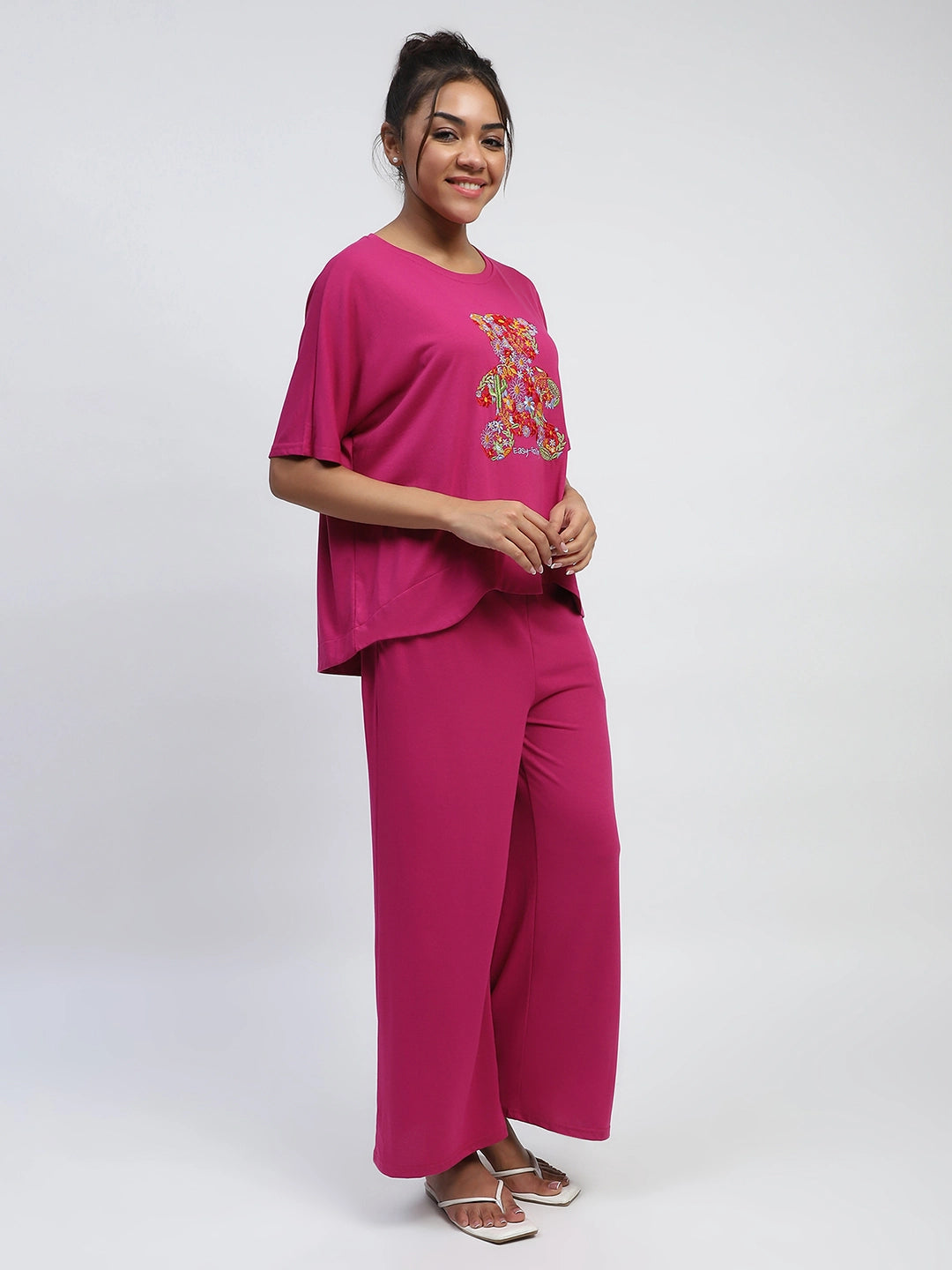 Hot Pink Thread Embroidery And Solid Poly Rayon Boxy Fit Lounge Wear