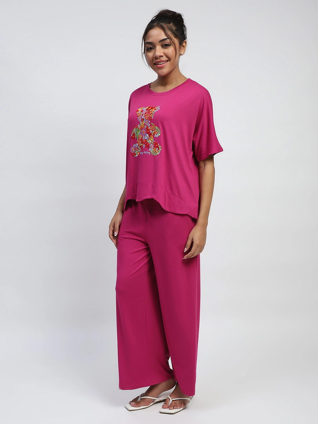 Hot Pink Thread Embroidery And Solid Poly Rayon Boxy Fit Lounge Wear