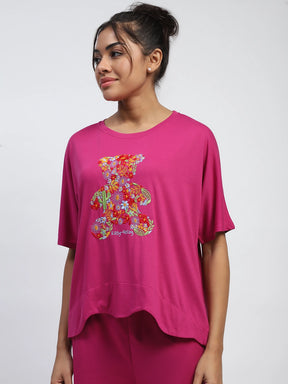 Hot Pink Thread Embroidery And Solid Poly Rayon Boxy Fit Lounge Wear