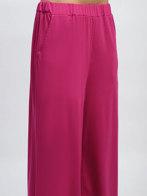 Hot Pink Thread Embroidery And Solid Poly Rayon Boxy Fit Lounge Wear