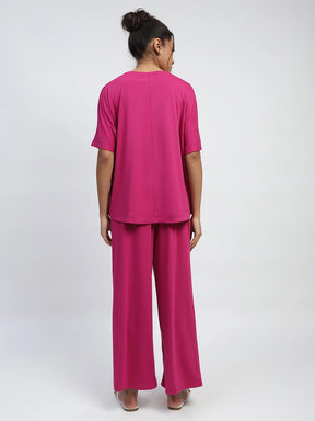 Hot Pink Thread Embroidery And Solid Poly Rayon Boxy Fit Lounge Wear