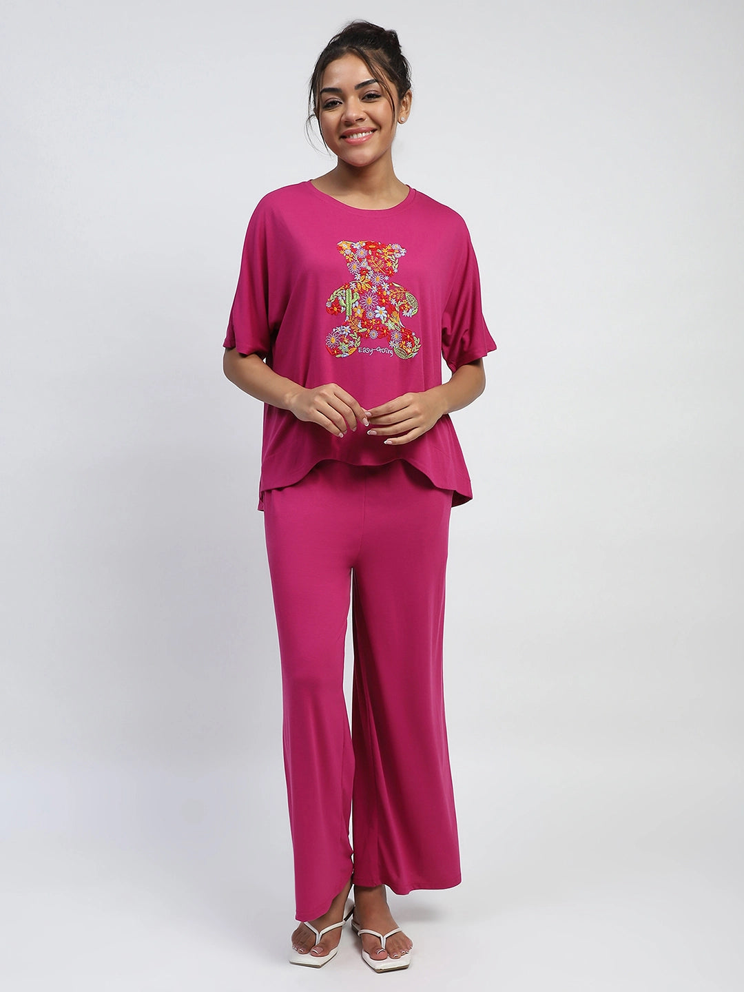 Hot Pink Thread Embroidery And Solid Poly Rayon Boxy Fit Lounge Wear