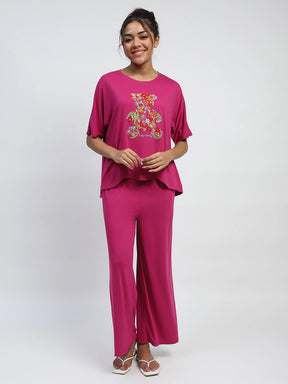 Hot Pink Thread Embroidery And Solid Poly Rayon Boxy Fit Lounge Wear