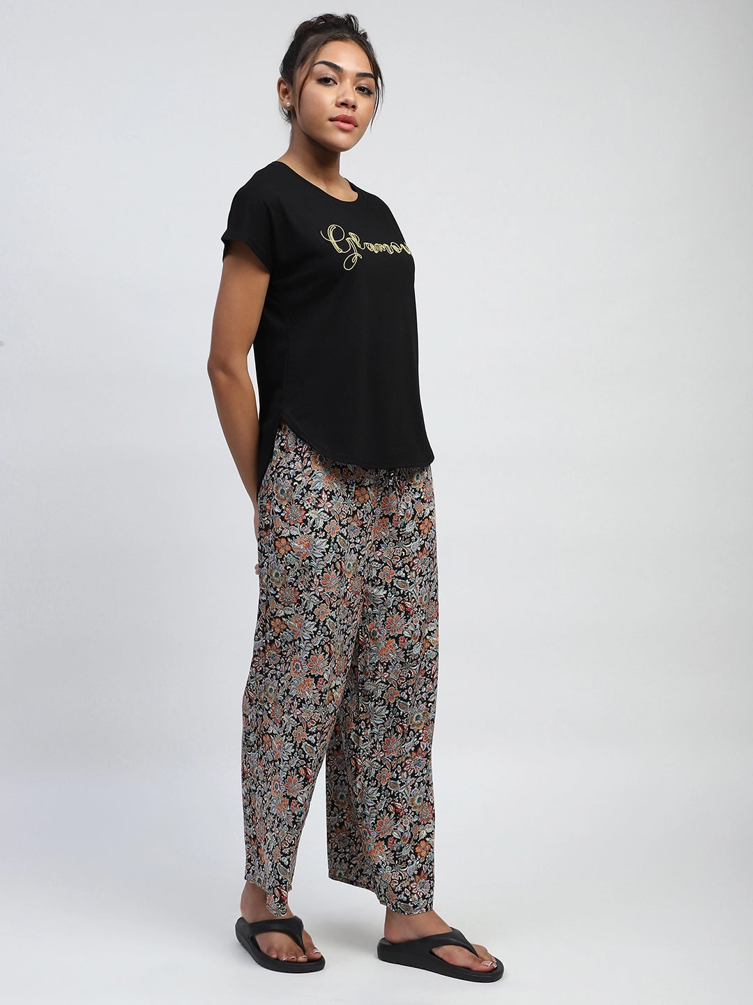 Black Thread Embroidery And Floral Print Poly Rayon Boxy Fit Lounge Wear