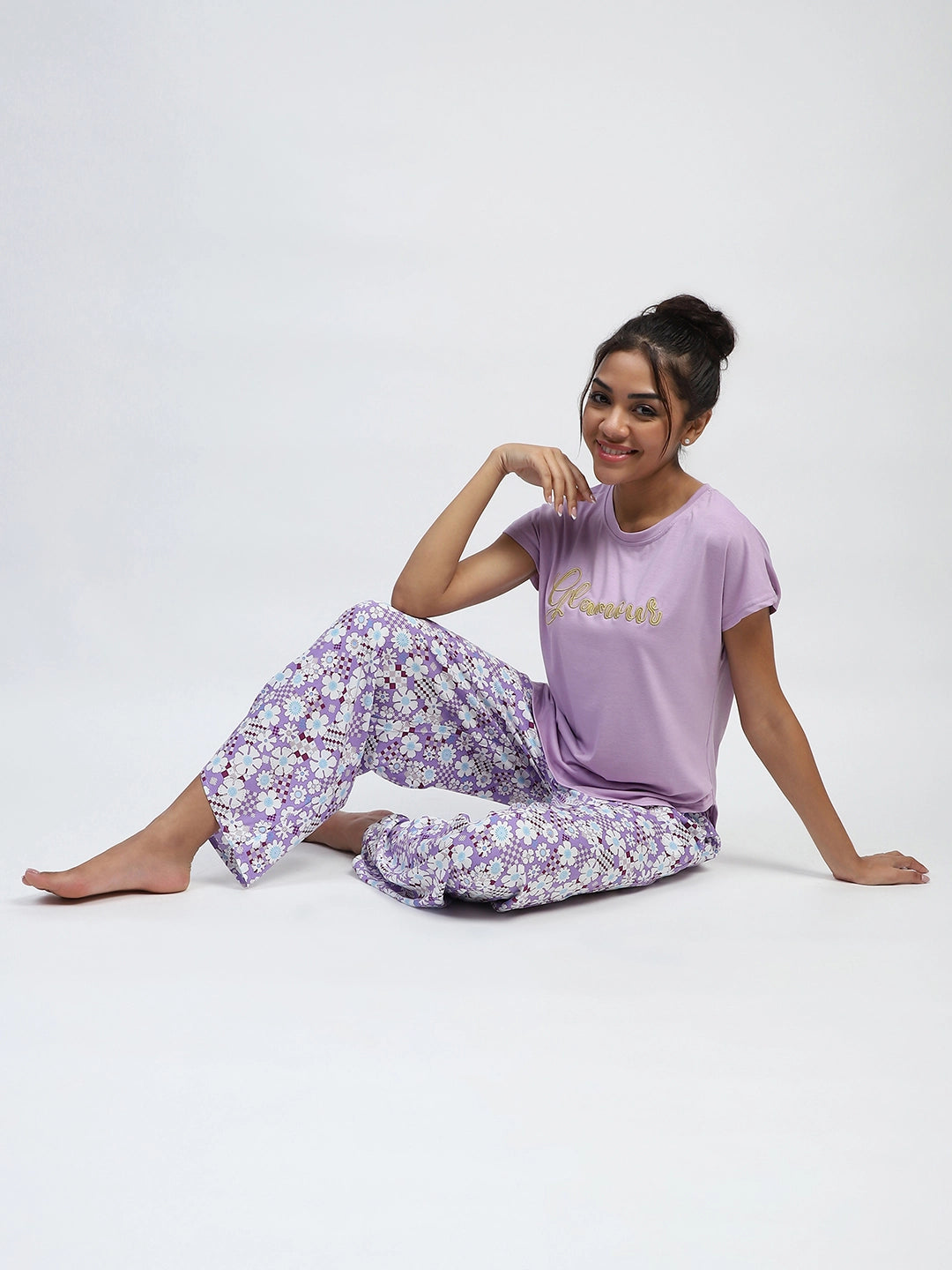 Lilac Thread Embroidery And Floral Print Poly Rayon Boxy Fit Lounge Wear