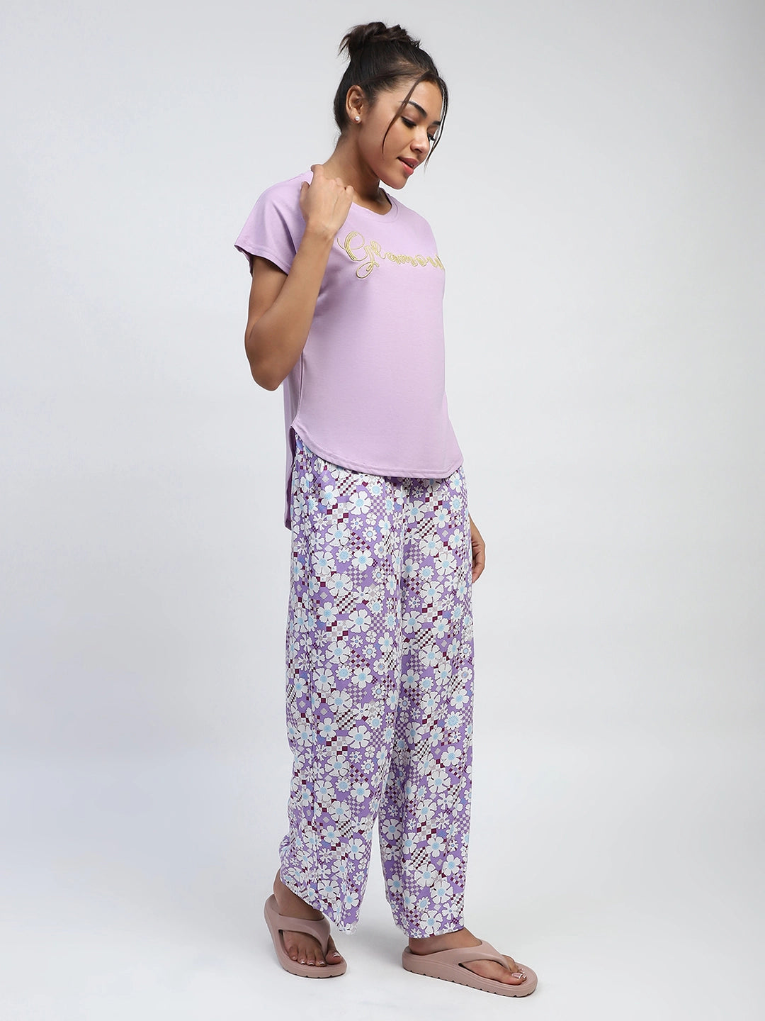 Lilac Thread Embroidery And Floral Print Poly Rayon Boxy Fit Lounge Wear