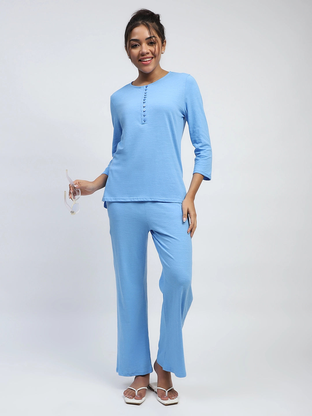 Blue Solid Polycotton Relaxed Fit Lounge Wear