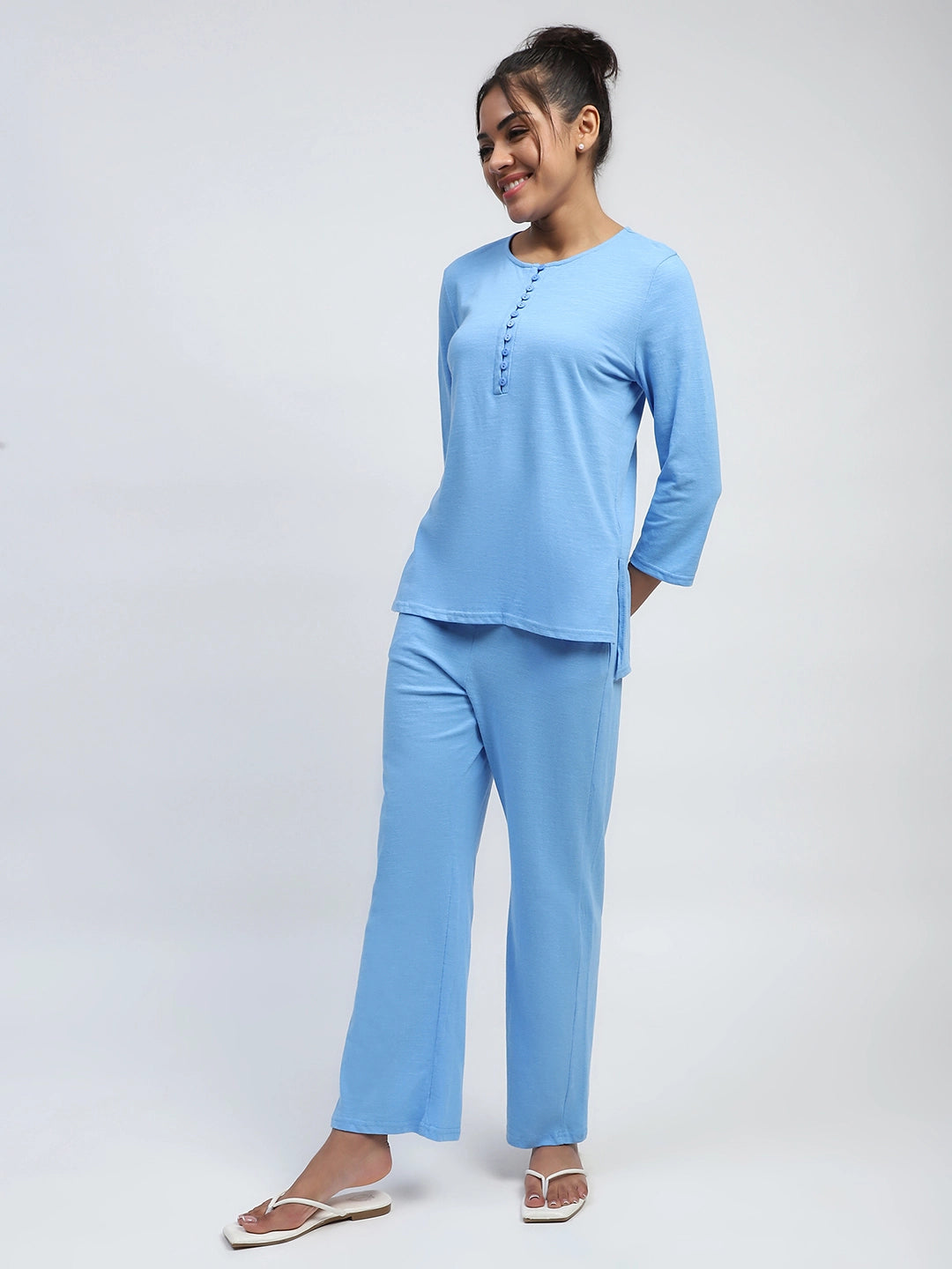 Blue Solid Polycotton Relaxed Fit Lounge Wear