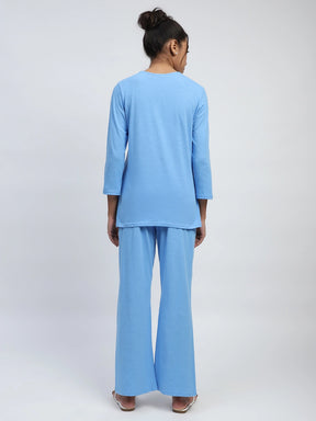 Blue Solid Polycotton Relaxed Fit Lounge Wear