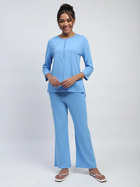 Blue Solid Polycotton Relaxed Fit Lounge Wear