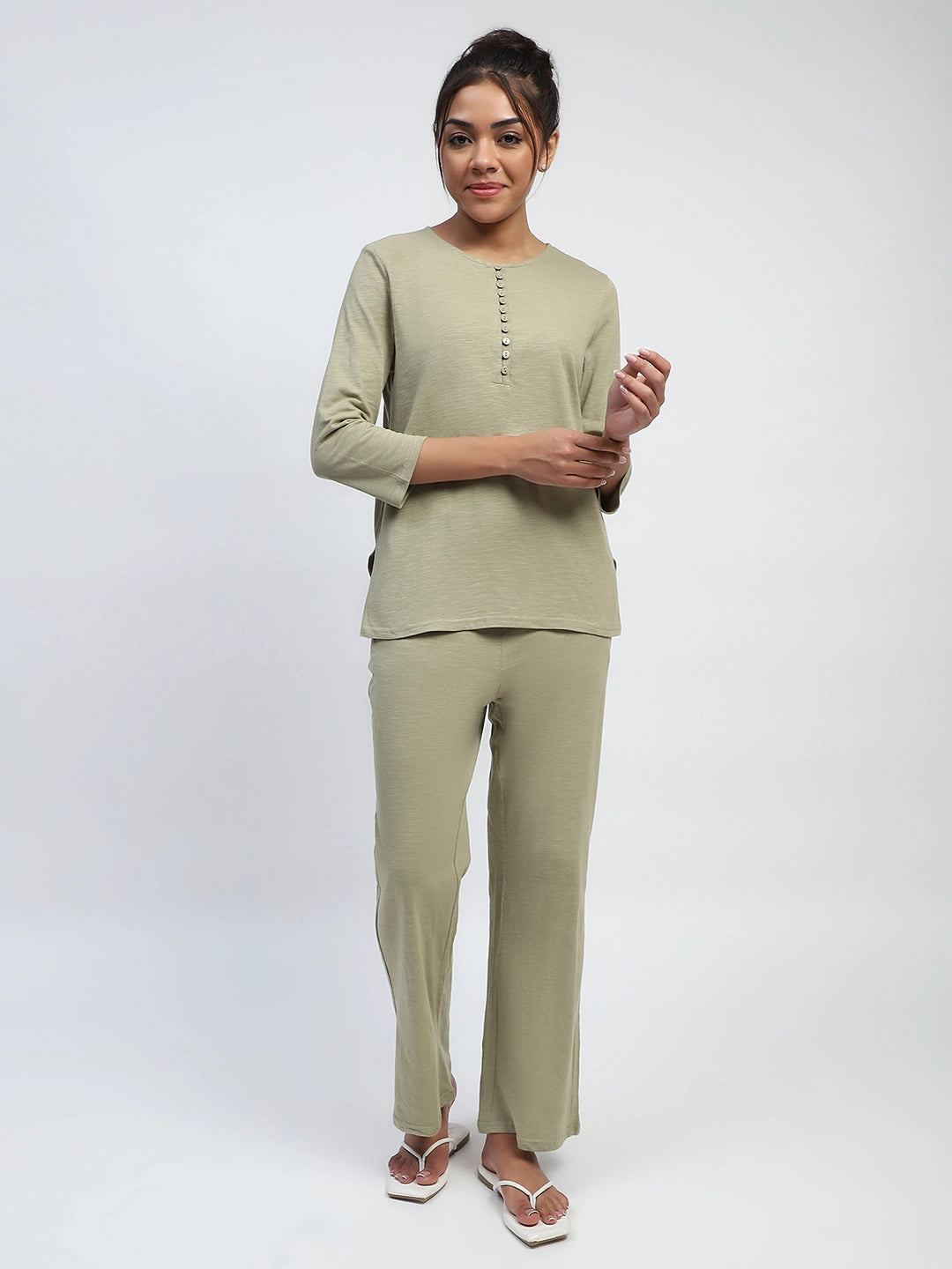 Green Solid Polycotton Relaxed Fit Lounge Wear