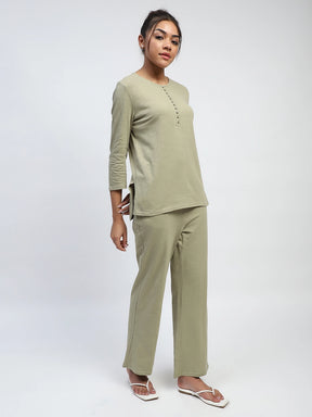 Green Solid Polycotton Relaxed Fit Lounge Wear