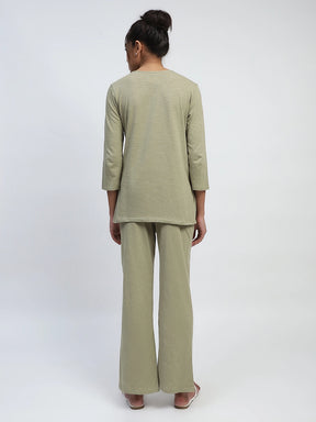 Green Solid Polycotton Relaxed Fit Lounge Wear