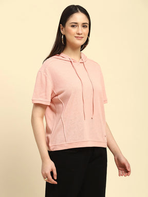 Pink Solid Cotton Blend Relaxed Fit Top