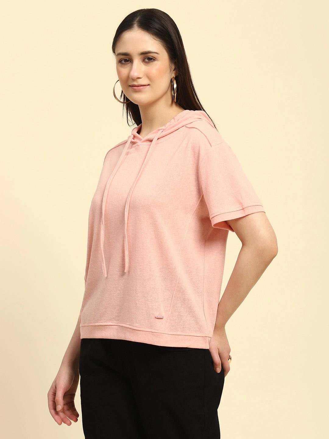 Pink Solid Cotton Blend Relaxed Fit Top