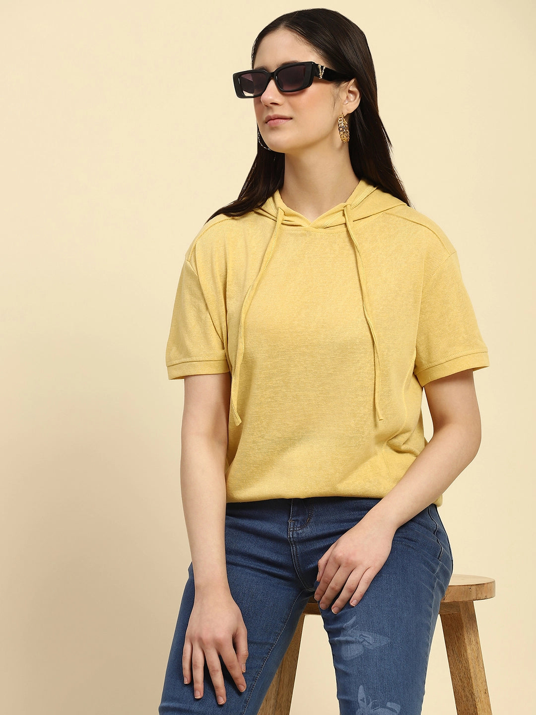 Yellow Solid Cotton Blend Relaxed Fit Top