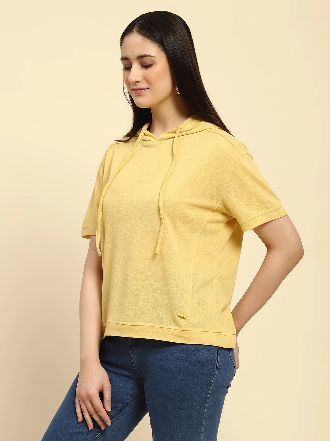 Yellow Solid Cotton Blend Relaxed Fit Top