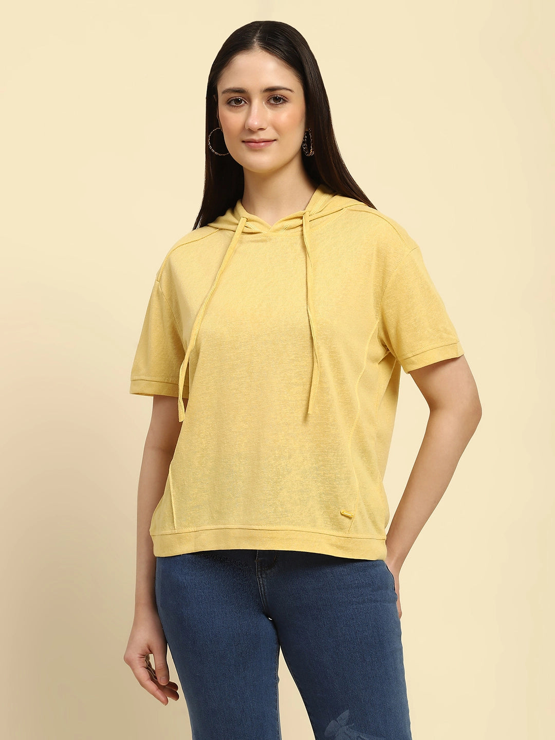 Yellow Solid Cotton Blend Relaxed Fit Top