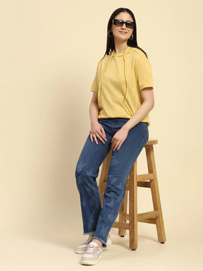 Yellow Solid Cotton Blend Relaxed Fit Top