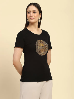 Black Embroidered Cotton Regular Fit Top