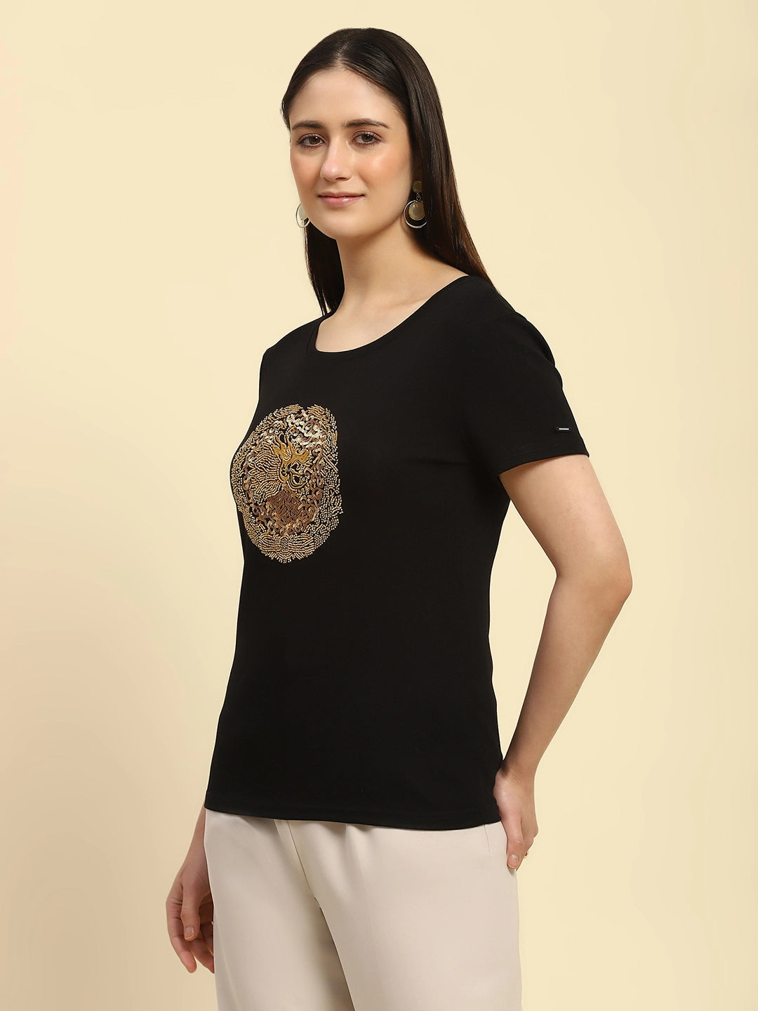 Black Embroidered Cotton Regular Fit Top