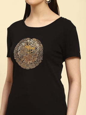 Black Embroidered Cotton Regular Fit Top