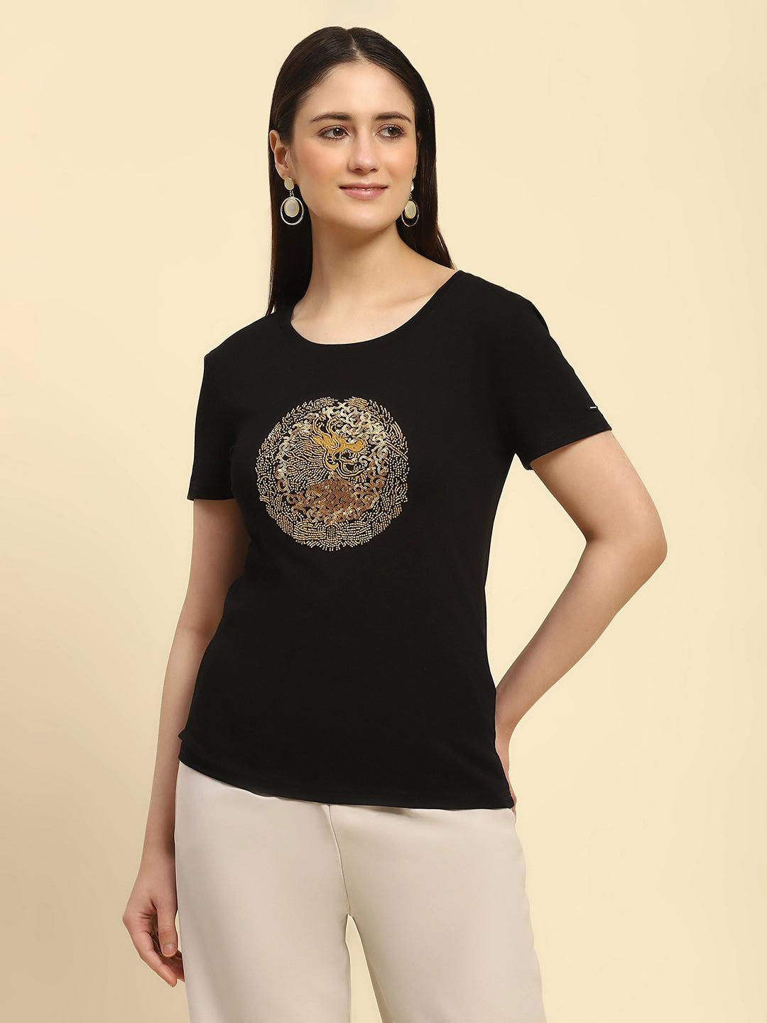 Black Embroidered Cotton Regular Fit Top