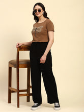 Brown Embroidered Cotton Regular Fit Top