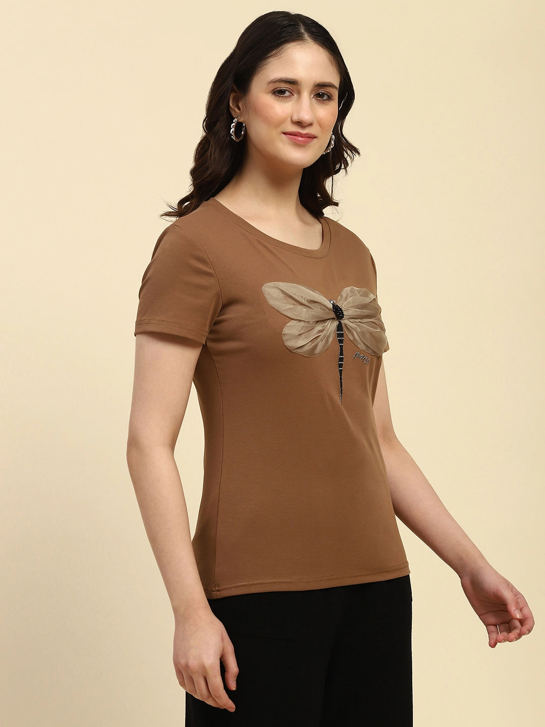 Brown Embroidered Cotton Regular Fit Top