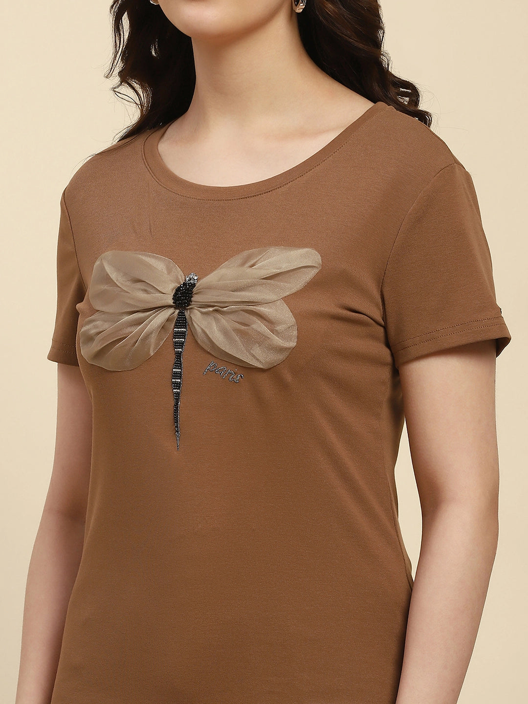 Brown Embroidered Cotton Regular Fit Top