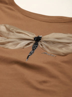 Brown Embroidered Cotton Regular Fit Top