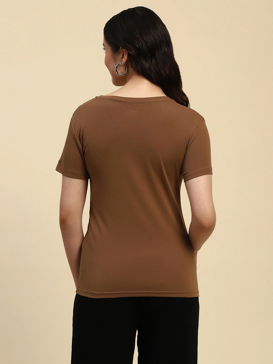 Brown Embroidered Cotton Regular Fit Top