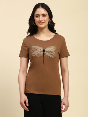 Brown Embroidered Cotton Regular Fit Top