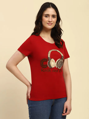 Maroon Embroidered Cotton Regular Fit Top