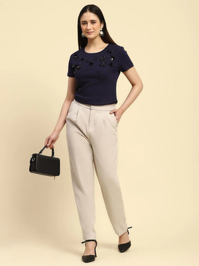 Navy Embroidered Cotton Regular Fit Top