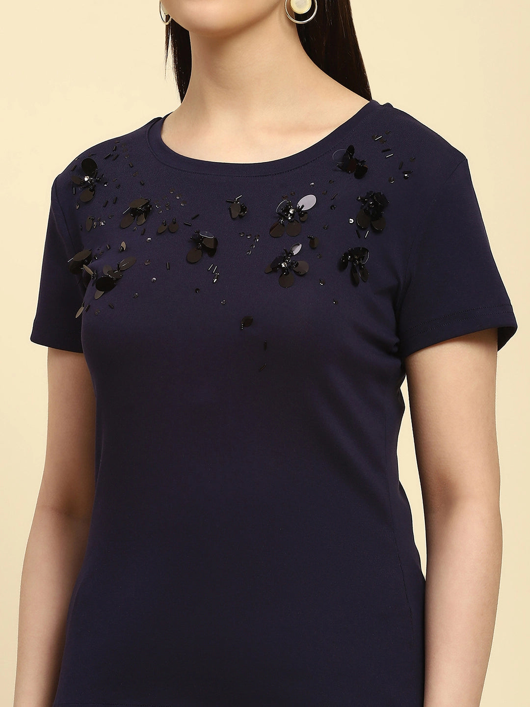 Navy Embroidered Cotton Regular Fit Top