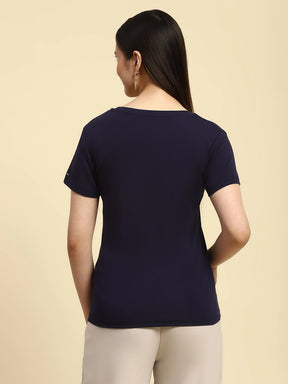 Navy Embroidered Cotton Regular Fit Top