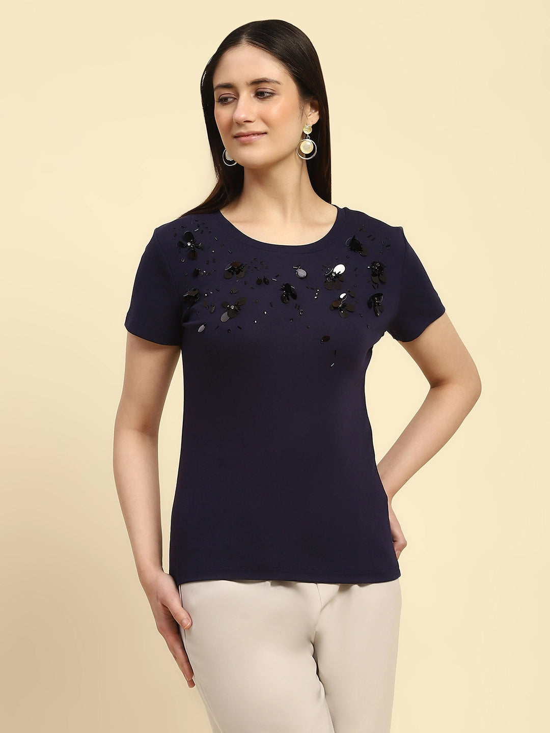 Navy Embroidered Cotton Regular Fit Top