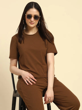 Brown Solid Verticle Stripes Poly Blend Relaxed Fit Co-ord Sets