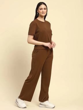 Brown Solid Verticle Stripes Poly Blend Relaxed Fit Co-ord Sets