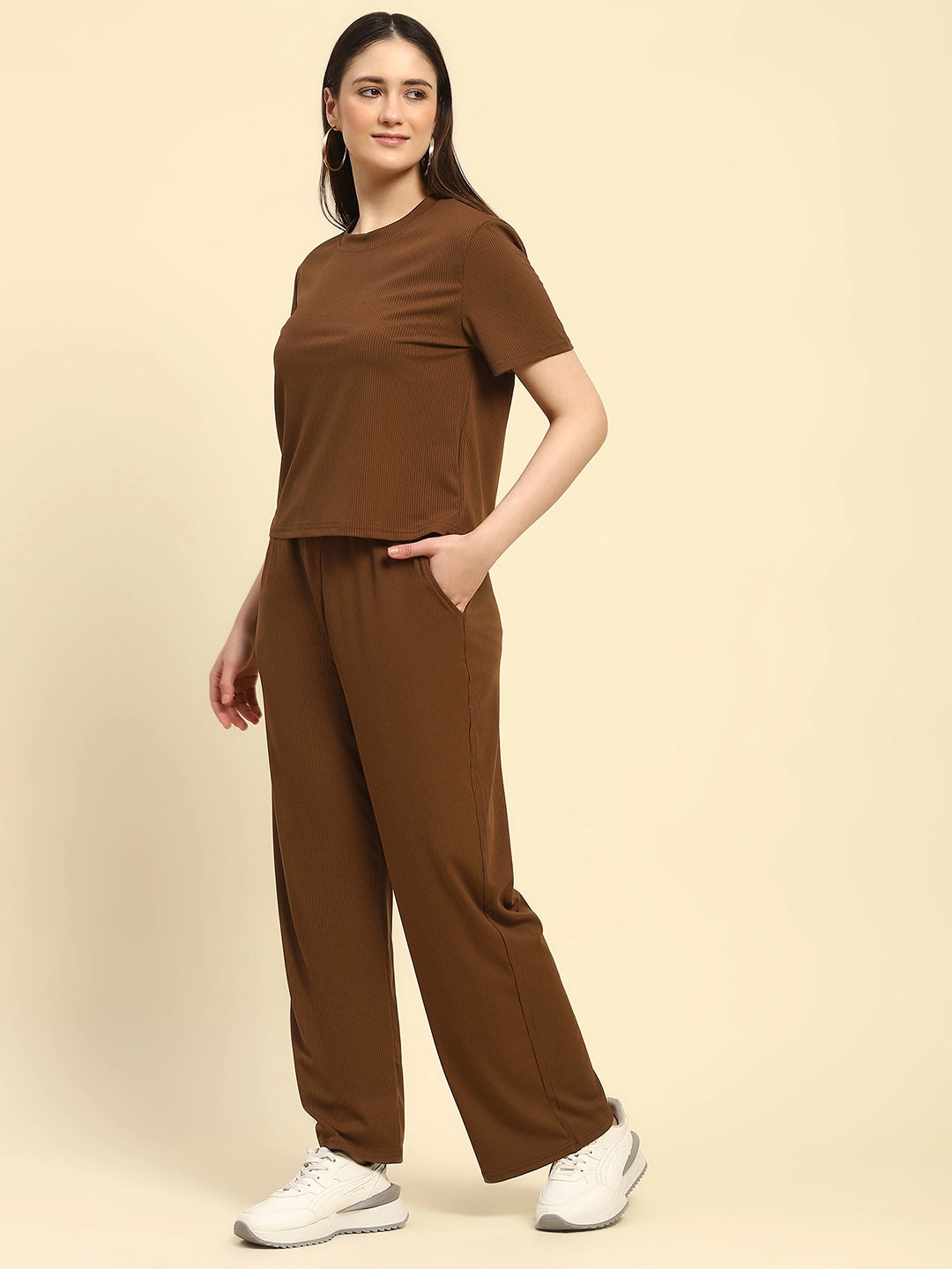 Brown Solid Verticle Stripes Poly Blend Relaxed Fit Co-ord Sets