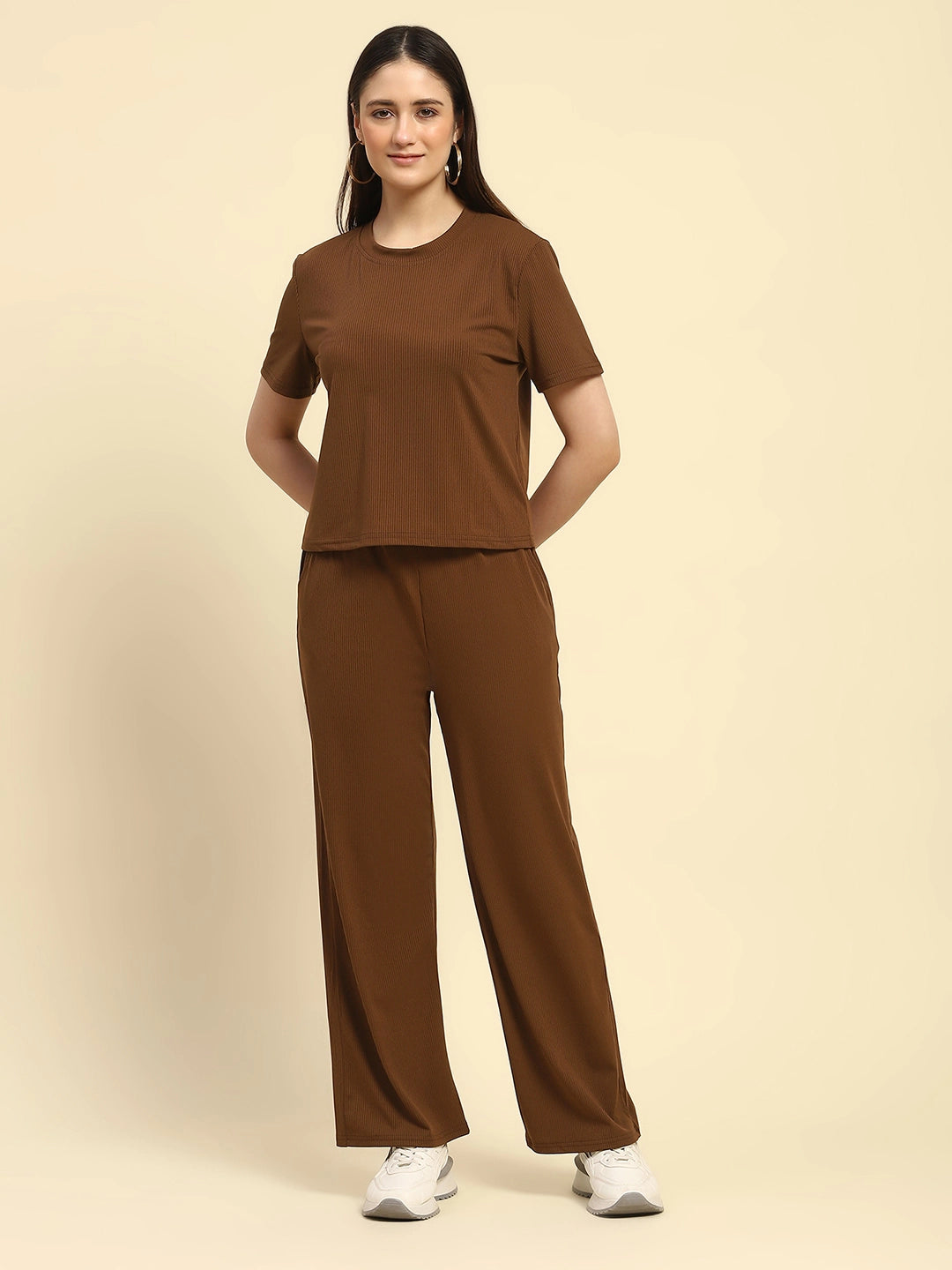 Brown Solid Verticle Stripes Poly Blend Relaxed Fit Co-ord Sets