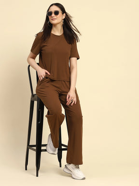 Brown Solid Verticle Stripes Poly Blend Relaxed Fit Co-ord Sets