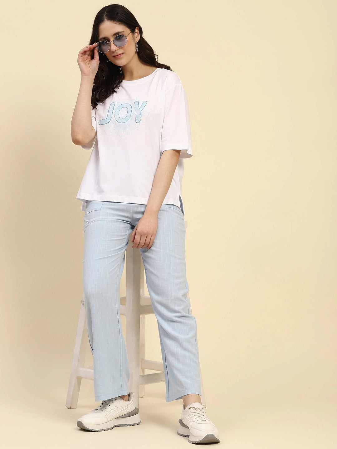 Pastel Blue Solid Cotton Linen Relaxed Fit Lower