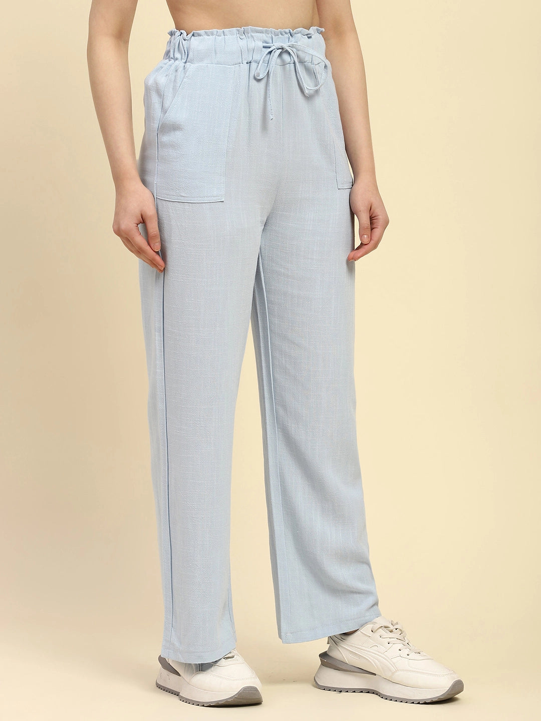 Pastel Blue Solid Cotton Linen Relaxed Fit Lower