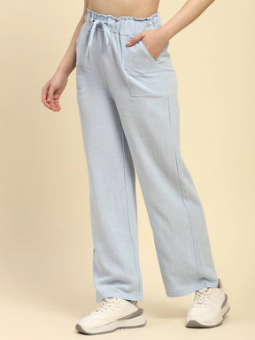 Pastel Blue Solid Cotton Linen Relaxed Fit Lower